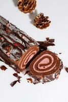tranché Chocolat gâteau rouleau avec baie Crème sur blanc avec sapin cônes photo