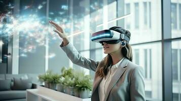 ai généré femme portant virtuel réalité des lunettes dans un augmenté réalité espace de travail - numérique innovation illustration, génératif ai photo