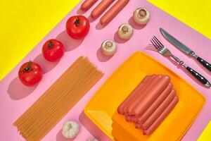 saucisses avec tomates, spaghetti et Ail sur une Jaune et rose minimal Contexte. plat poser. Haut voir. photo