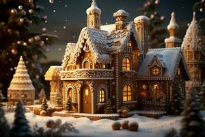 ai généré Noël pain d'épice maison magique Fée conte Château dans neigeux hiver de sucré rêves ai généré photo