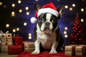 ai généré Noël festivités avec une aimable chien célébrer avec de fête décorations et vacances joie ai généré photo