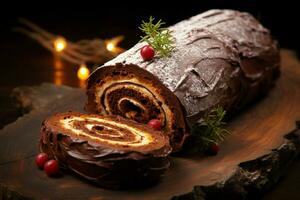 ai généré classique Noël Journal une de fête traiter Noël gâteau roulé et orné pour une délicieux fête ai généré photo