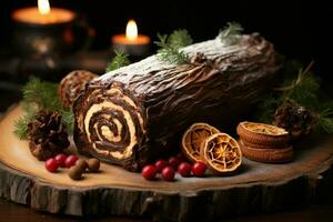 ai généré classique Noël Journal une de fête traiter Noël gâteau roulé et orné pour une délicieux fête ai généré photo