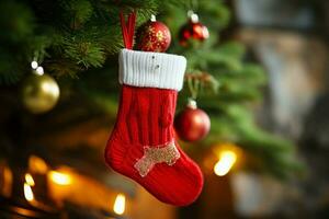 ai généré Noël de fête célébrations rouge chaussette accroché par le cheminée en attente santas joyeux des surprises ai généré photo