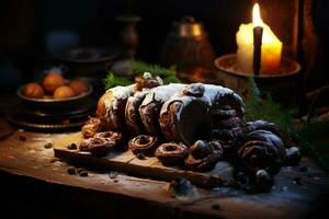 ai généré classique Noël Journal une de fête traiter Noël gâteau roulé et orné pour une délicieux fête ai généré photo