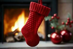 ai généré Noël de fête célébrations rouge chaussette accroché par le cheminée en attente santas joyeux des surprises ai généré photo