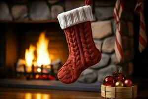 ai généré Noël de fête célébrations rouge chaussette accroché par le cheminée en attente santas joyeux des surprises ai généré photo