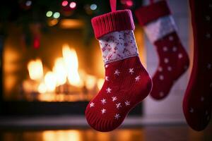 ai généré Noël de fête célébrations rouge chaussette accroché par le cheminée en attente santas joyeux des surprises ai généré photo