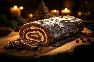 ai généré classique Noël Journal une de fête traiter Noël gâteau roulé et orné pour une délicieux fête ai généré photo