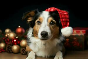 ai généré Noël festivités avec une aimable chien célébrer avec de fête décorations et vacances joie ai généré photo