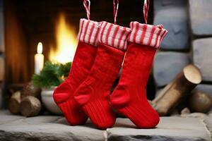 ai généré Noël de fête célébrations rouge chaussette accroché par le cheminée en attente santas joyeux des surprises ai généré photo