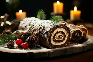 ai généré classique Noël Journal une de fête traiter Noël gâteau roulé et orné pour une délicieux fête ai généré photo