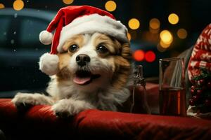 ai généré Noël festivités avec une aimable chien célébrer avec de fête décorations et vacances joie ai généré photo