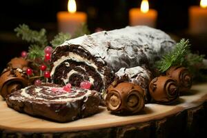 ai généré classique Noël Journal une de fête traiter Noël gâteau roulé et orné pour une délicieux fête ai généré photo