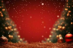 ai généré magique vacances Noël toile de fond une pétillant arbre et bokeh lumières sur rouge ai généré photo