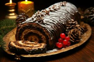 ai généré classique Noël Journal une de fête traiter Noël gâteau roulé et orné pour une délicieux fête ai généré photo