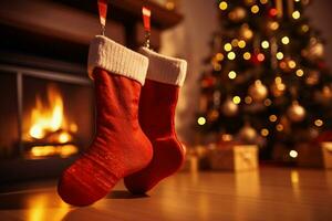 ai généré Noël de fête célébrations rouge chaussette accroché par le cheminée en attente santas joyeux des surprises ai généré photo