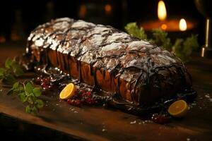 ai généré classique Noël Journal une de fête traiter Noël gâteau roulé et orné pour une délicieux fête ai généré photo