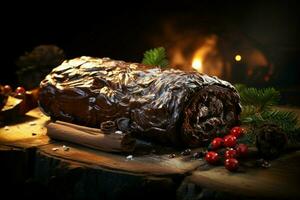 ai généré classique Noël Journal une de fête traiter Noël gâteau roulé et orné pour une délicieux fête ai généré photo