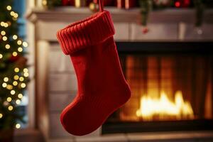 ai généré Noël de fête célébrations rouge chaussette accroché par le cheminée en attente santas joyeux des surprises ai généré photo