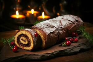 ai généré classique Noël Journal une de fête traiter Noël gâteau roulé et orné pour une délicieux fête ai généré photo