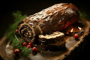 ai généré classique Noël Journal une de fête traiter Noël gâteau roulé et orné pour une délicieux fête ai généré photo