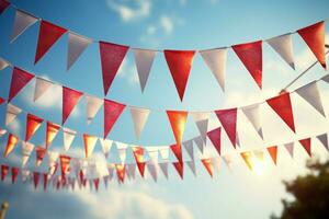 ai généré vibrant rouge et blanc bruant de façon festive pendaison avec triangulaire drapeaux pour célébrations. ai généré photo