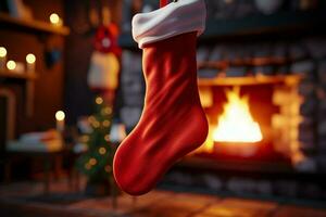 ai généré Noël de fête célébrations rouge chaussette accroché par le cheminée en attente santas joyeux des surprises ai généré photo