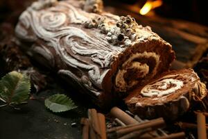 ai généré classique Noël Journal une de fête traiter Noël gâteau roulé et orné pour une délicieux fête ai généré photo