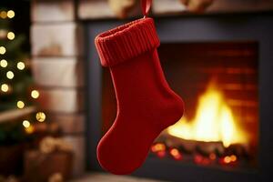 ai généré Noël de fête célébrations rouge chaussette accroché par le cheminée en attente santas joyeux des surprises ai généré photo