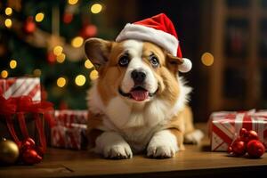 ai généré Noël festivités avec une aimable chien célébrer avec de fête décorations et vacances joie ai généré photo