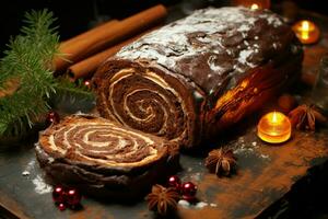 ai généré classique Noël Journal une de fête traiter Noël gâteau roulé et orné pour une délicieux fête ai généré photo