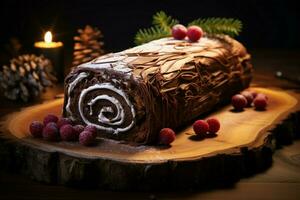 ai généré classique Noël Journal une de fête traiter Noël gâteau roulé et orné pour une délicieux fête ai généré photo