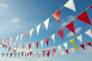 ai généré vibrant rouge et blanc bruant de façon festive pendaison avec triangulaire drapeaux pour célébrations. ai généré photo