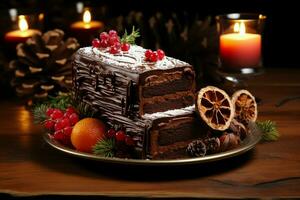 ai généré classique Noël Journal une de fête traiter Noël gâteau roulé et orné pour une délicieux fête ai généré photo