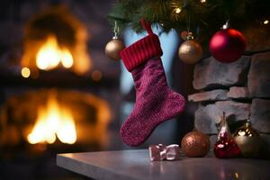 ai généré Noël de fête célébrations rouge chaussette accroché par le cheminée en attente santas joyeux des surprises ai généré photo