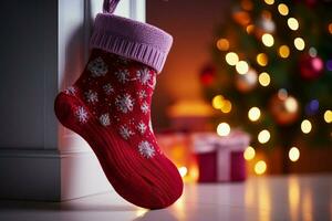 ai généré Noël de fête célébrations rouge chaussette accroché par le cheminée en attente santas joyeux des surprises ai généré photo