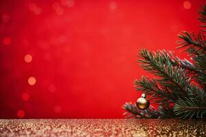 ai généré magique vacances Noël toile de fond une pétillant arbre et bokeh lumières sur rouge ai généré photo