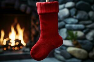 ai généré Noël de fête célébrations rouge chaussette accroché par le cheminée en attente santas joyeux des surprises ai généré photo