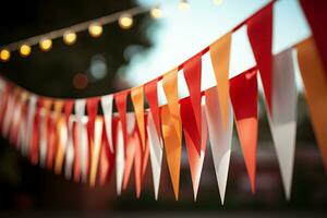 ai généré vibrant rouge et blanc bruant de façon festive pendaison avec triangulaire drapeaux pour célébrations. ai généré photo