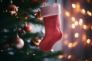 ai généré Noël de fête célébrations rouge chaussette accroché par le cheminée en attente santas joyeux des surprises ai généré photo