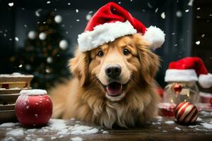 ai généré Noël festivités avec une aimable chien célébrer avec de fête décorations et vacances joie ai généré photo