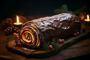 ai généré classique Noël Journal une de fête traiter Noël gâteau roulé et orné pour une délicieux fête ai généré photo