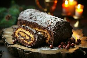 ai généré classique Noël Journal une de fête traiter Noël gâteau roulé et orné pour une délicieux fête ai généré photo