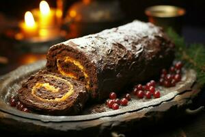 ai généré classique Noël Journal une de fête traiter Noël gâteau roulé et orné pour une délicieux fête ai généré photo