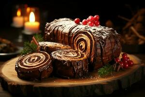 ai généré classique Noël Journal une de fête traiter Noël gâteau roulé et orné pour une délicieux fête ai généré photo