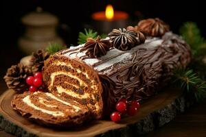 ai généré classique Noël Journal une de fête traiter Noël gâteau roulé et orné pour une délicieux fête ai généré photo