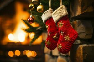 ai généré Noël de fête célébrations rouge chaussette accroché par le cheminée en attente santas joyeux des surprises ai généré photo