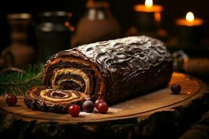 ai généré classique Noël Journal une de fête traiter Noël gâteau roulé et orné pour une délicieux fête ai généré photo