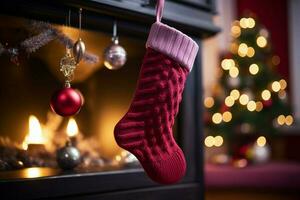 ai généré Noël de fête célébrations rouge chaussette accroché par le cheminée en attente santas joyeux des surprises ai généré photo